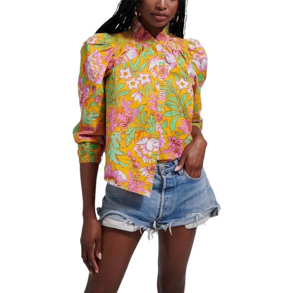 Floral Button-Down Shirt in Yellow and Pink